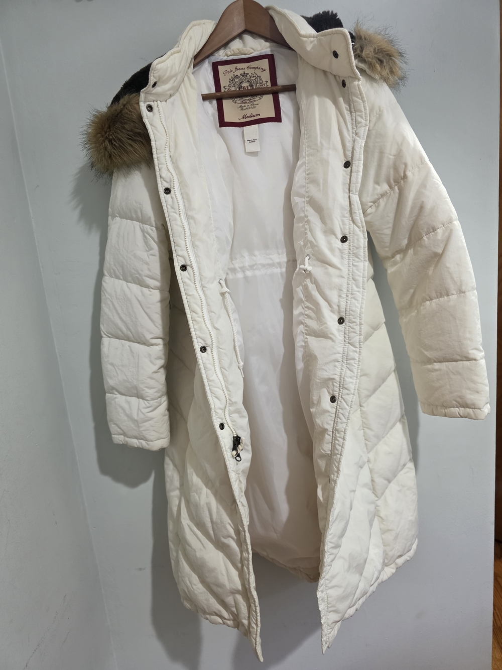 Polo Jeans RALPH LAUREN Cream Long Quilted Puffer with Faux Fur Hood Size M